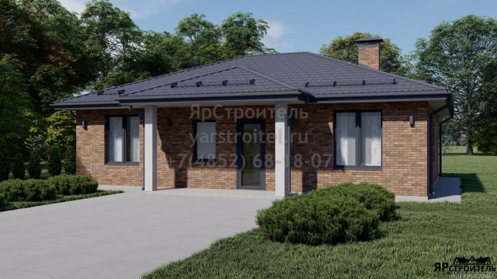 Проект 1-этажного дома из газобетона "Брюссель" в комплектации "Коробка дома" с крыльцом, 2-мя санузлами и 3-мя спальнями