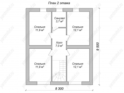 Проект 2-этажного дома из кирпича "Барселона" в комплектации "Коробка дома" с крыльцом, 2-мя санузлами и 4-мя спальнями