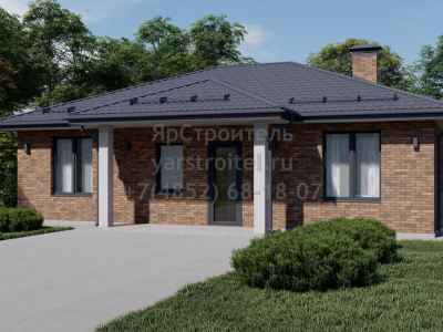 Проект 1-этажного дома из газобетона "Брюссель" в комплектации "Коробка дома" с крыльцом, 2-мя санузлами и 3-мя спальнями